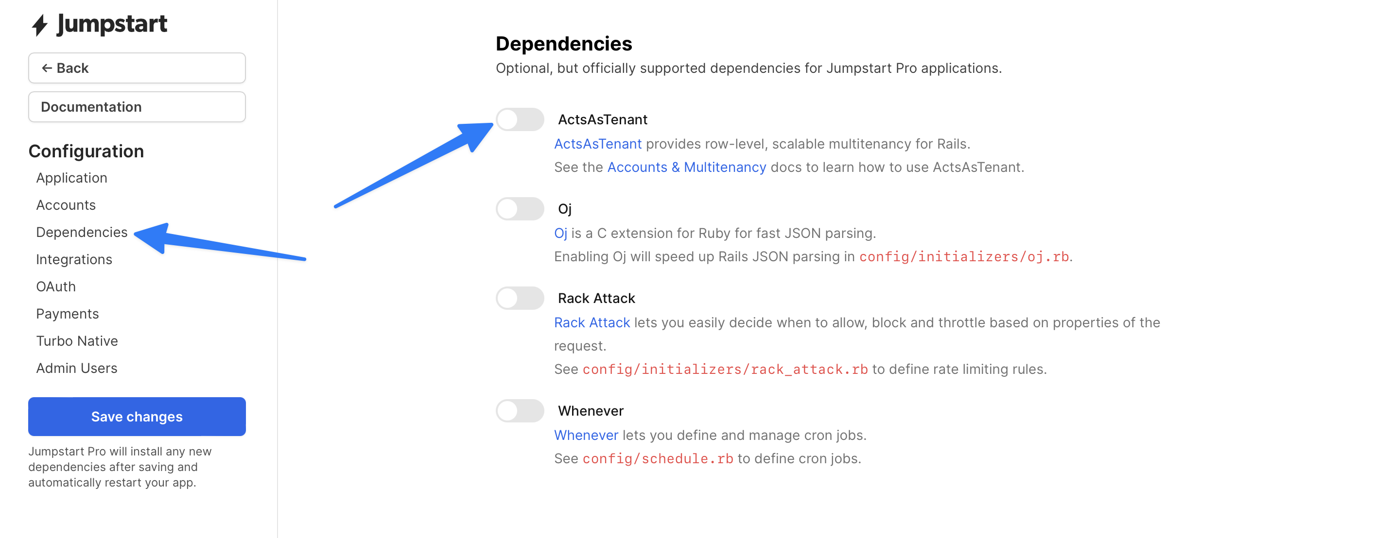 Screenshot of Jumpstart Pro Dependencies configuration wizard