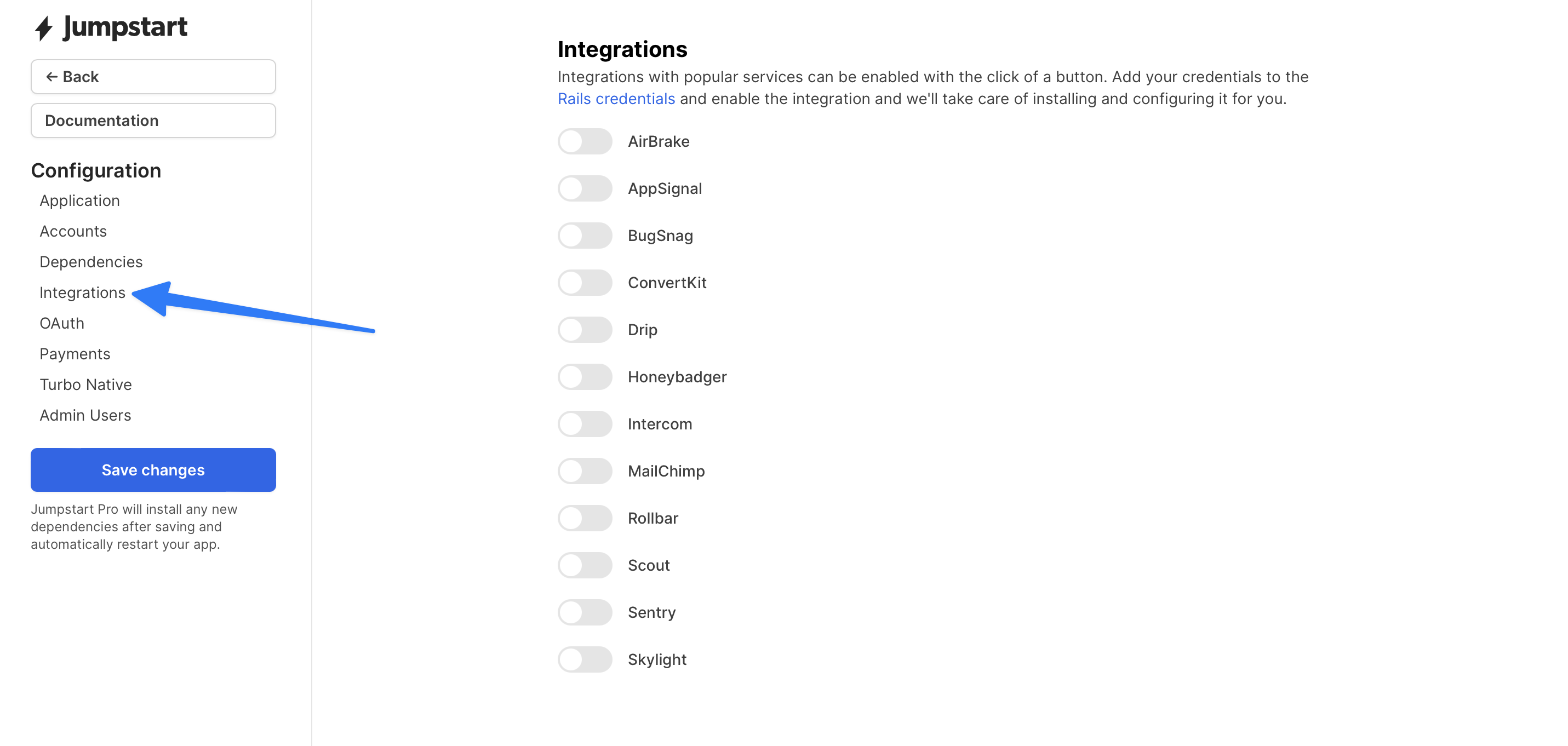 Screenshot of Jumpstart Pro Integrations configuration wizard